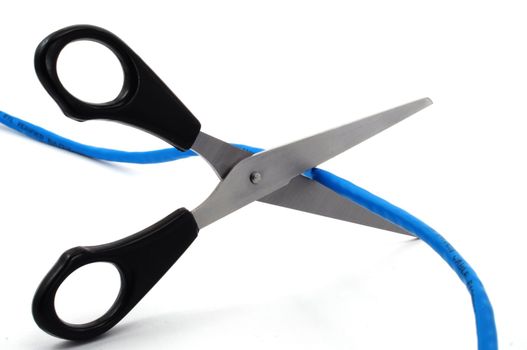 network cable and scissors isolated on white background