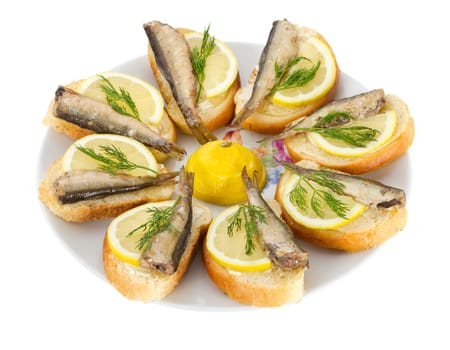 sandwiches with sprats, isolated on white