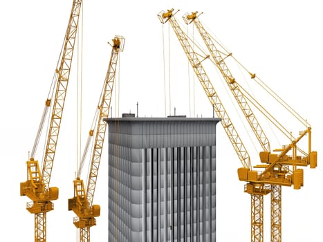 cranes and the building on a white background