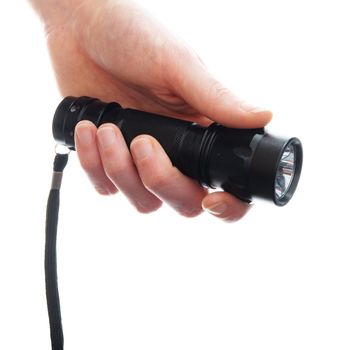 hand holding flashlight isolated on a white background