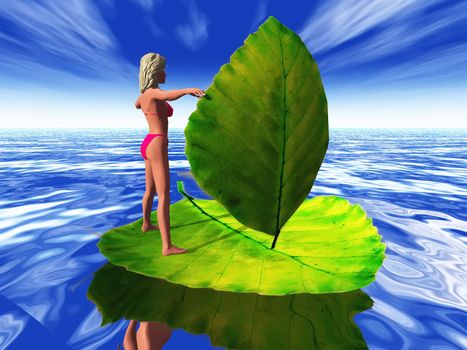 a woman surfing on a leaf