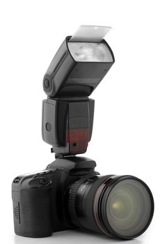 DSLR photo camera with flash isolated over white background