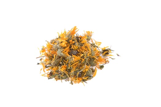 dry marigold ( Calendula ) flower tea on white background