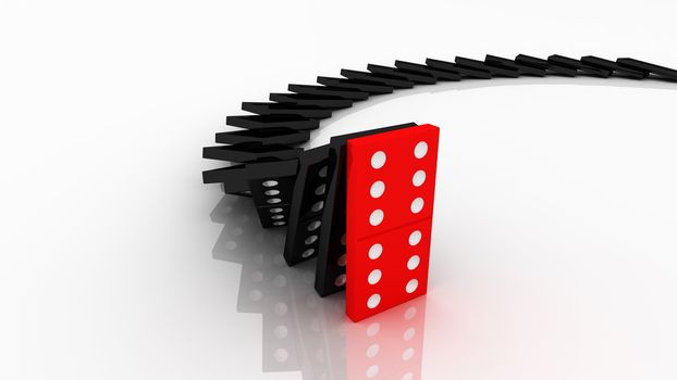 lined up dominoes falling. Red stop others.