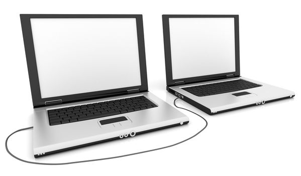 Two computers connected together on isolated background