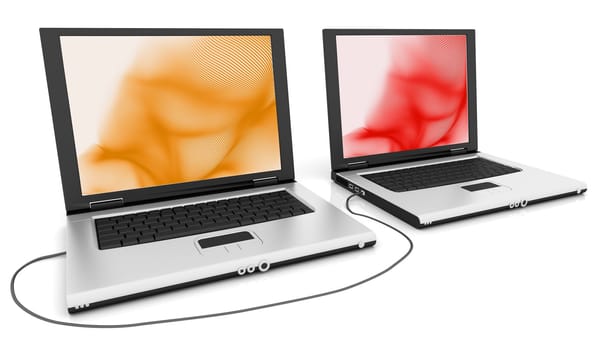 Two computers connected together on isolated background