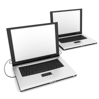 Two computers connected together on isolated background