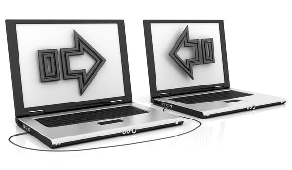 Two computers connected together on isolated background
