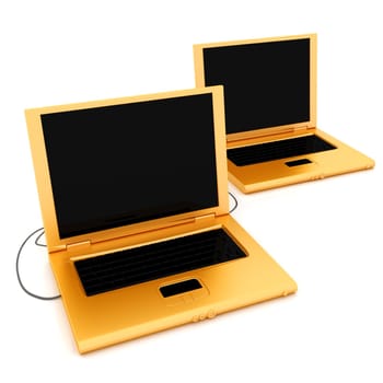 Two computers connected together on isolated background