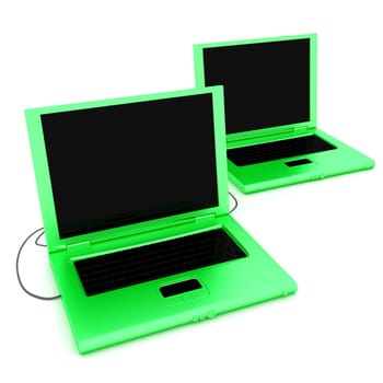 Two computers connected together on isolated background