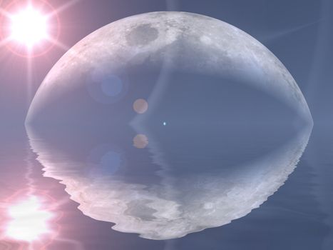 moon and sun are reflected  in water