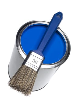 Blue Paint can and brush isolated on white background