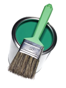 Green Paint can and brush isolated on white background
