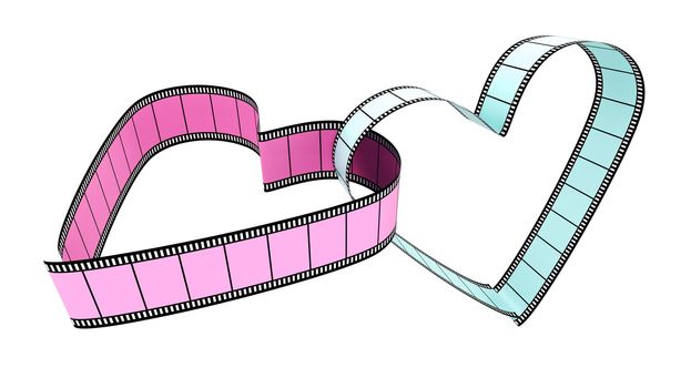 Two blank films heart over white background