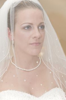 Close up portrait of beautiful young bride behind veil