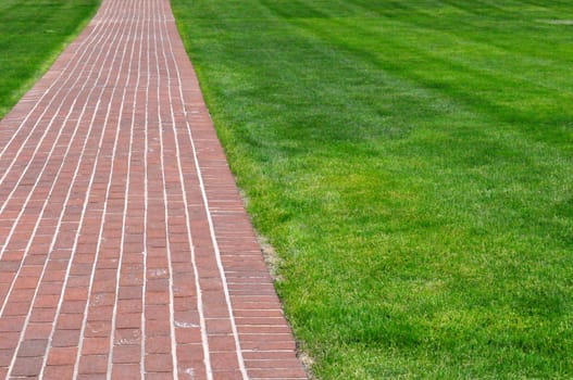 Brick pathway along green grass
