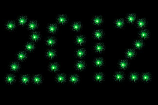Many small illuminated green fibre optic lamps arranged on black background to spell the number 2012