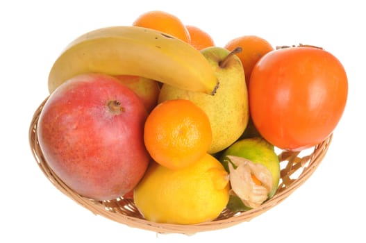 Basket with fresh fruit isolated on white background