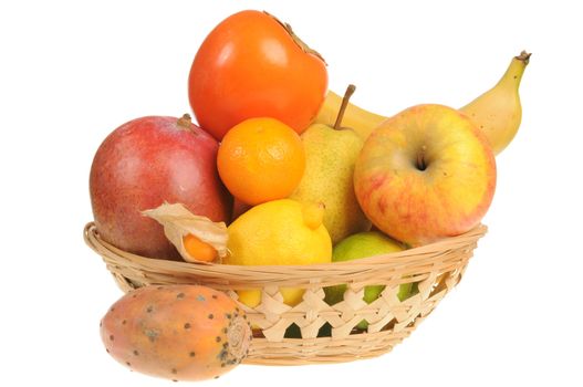 Basket with fresh fruit isolated on white background