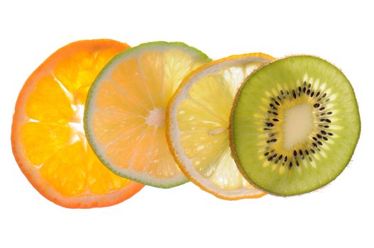 Slices of tangerine lime lemon and kiwi isolated on white background