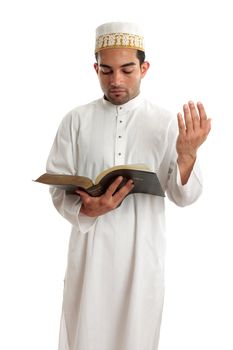 Teacher or preacher reading from a religious book, or other literary book.  White background.