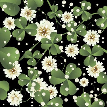 Background illustration with clover leaves and flowers, abstract art