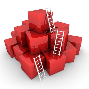 a pile of shiny red boxes - three bright white ladders are used to climb to the top