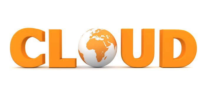 orange word Cloud with 3D globe replacing letter O