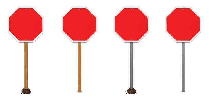 stop sign with no text and four different posts - wood and metal - with, without mound of earth