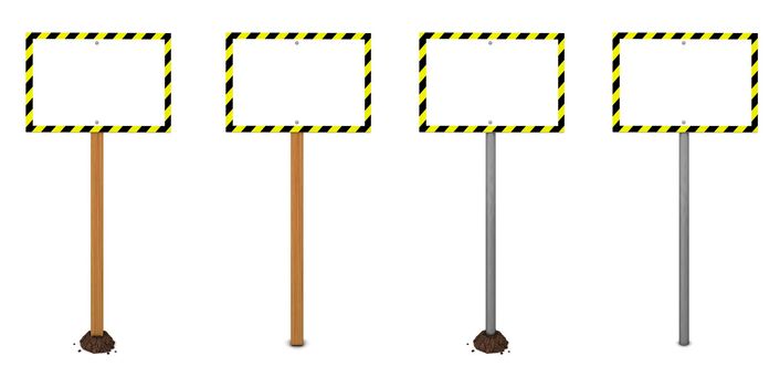 warning sign with black-yellow warning tape edges and four different posts - wood and metal - with, without mound of earth