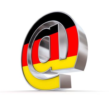silver shiny chrome e-mail AT symbol standing on white background with Germany flag texture