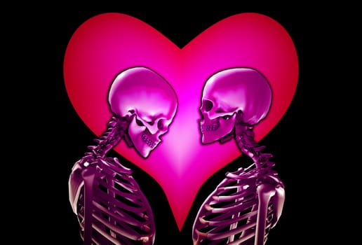 A pair of skeletons with a love heart behind them. 