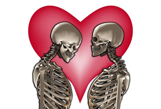 A pair of skeletons with a love heart behind them. 