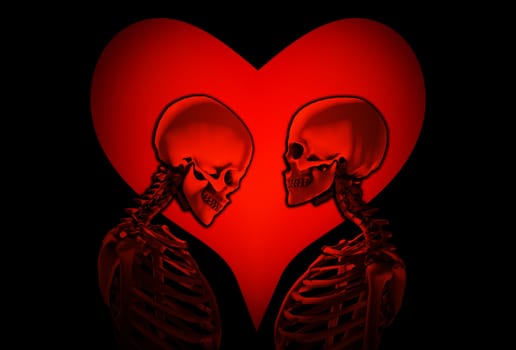A pair of skeletons with a love heart behind them. 