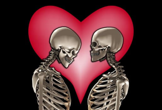 A pair of skeletons with a love heart behind them. 