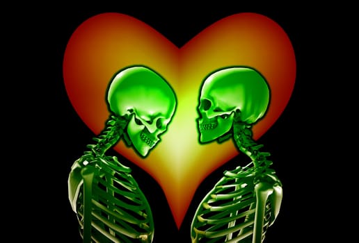 A pair of skeletons with a love heart behind them. 