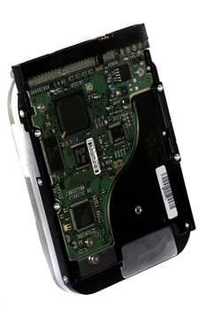 close view detail of a computer harddrive isolated on a white background.