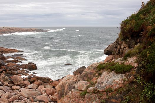 A path on a huge granite outcropping at Green Cove, Cape Breton Highlands national park in Nova Scotia, Canada.
