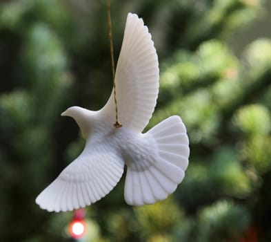 A Turtle Dove Christmas Ornament hanging from a christams tree.
