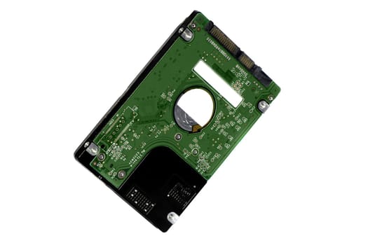 Close view detail of a laptop harddisk isolated on a white background.