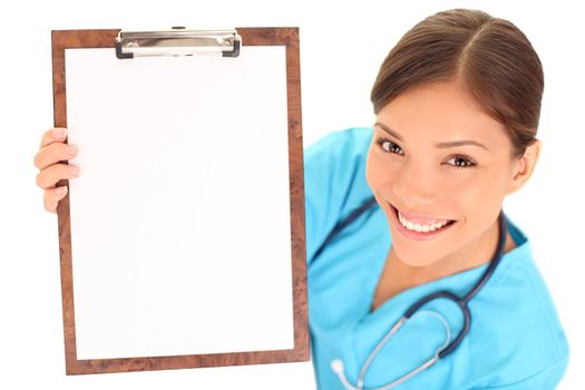 Medical sign. Young woman doctor / nurse showing empty blank clipboard sign with copy space for text. Mixed race asian caucasian female model isolated over white background.