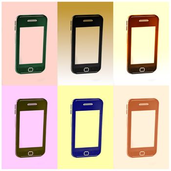 View of a modern touch screen mobile phone replicated in different color boxes.