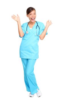 Nurse happy excited and joyful. Young woman nurse or doctor cheerful and joyful isolated in full length on white background. 