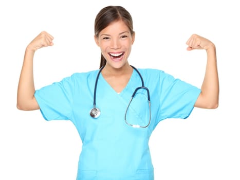 Nurse woman showing arm muscles smiling. Funny photo of successful young female nurse in blue scrub. Asian Caucasian woman isolated on white background.