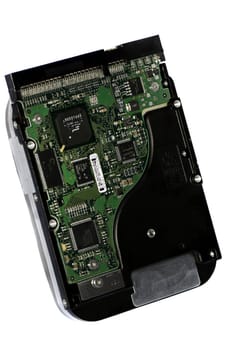 close view detail of a computer harddrive isolated on a white background.