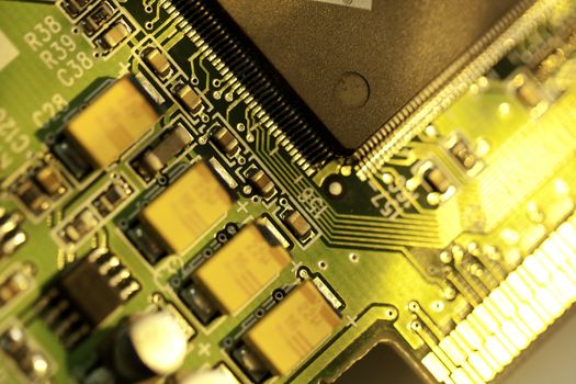 Close view detail of a circuit board with chips.