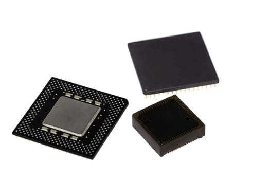 Close view detail of some computer microprocessors isolated on  a white background.