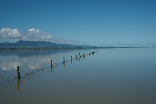 Calm lake scene, with fence projecting into water. Lake Wairapapa, New Zealand.