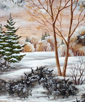 Handmade, drawing distemper on a birch bark: winter siberian landscape