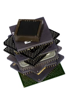 Close view detail of some computer microprocessors isolated on  a white background.